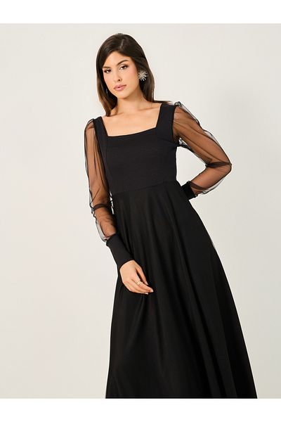 Styli Mesh Puff Sleeve Square Neck Maxi Dress