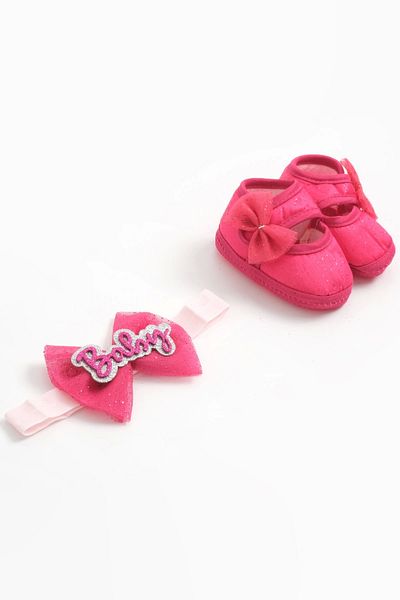 LOGO AKSESUAR 0-3 Months Newborn Glitter Lace Fuchsia Baby Bandana Booties Set