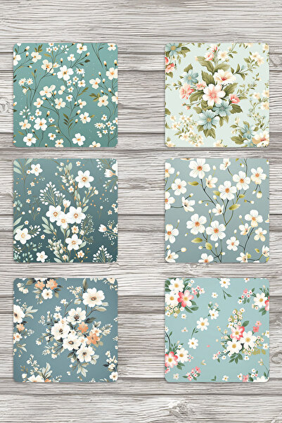 qoeuyl boutique مجموعة من 6 قواعد أكواب خشبية مربعة الشكل مطبوعة على شكل زهور...