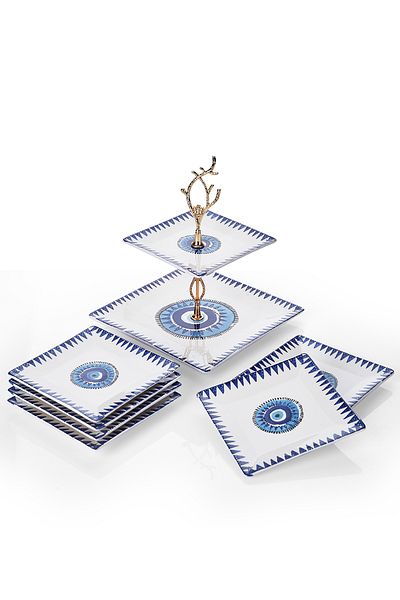 Piatti Naturali Catering Set Evil Eye Ceramic Double Layer Presentation Plate & 6-Piece Dessert Pastry Plate Cookie Tray Catering