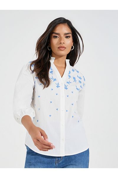Styli Chambray Embroidered Buttoned Blouse with Balloon Sleeve