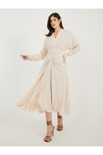 Styli Dobby Long Sleeve A-Line Midi Dress with Waist Ruched Detail