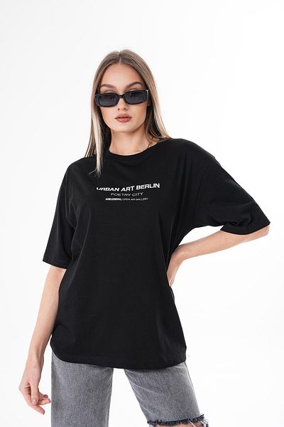 ŞİMAL Tricou oversize pentru damă, cu decolteu rotund, cu text imprimat pe față 250115   -