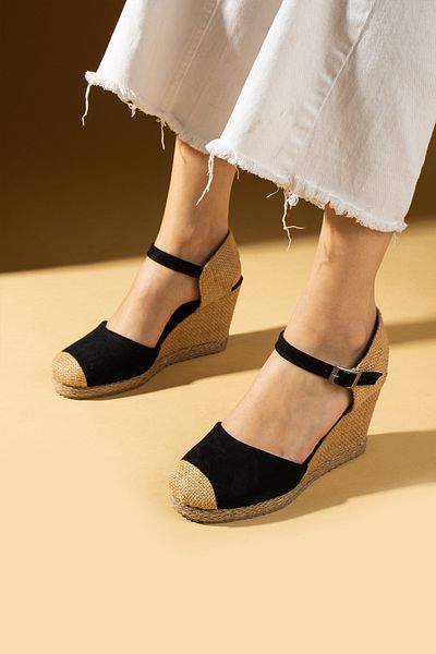 Ege's Shoes New Season Women's Black Suede Comfortable Wedge Sole Stylish Daily Sandals