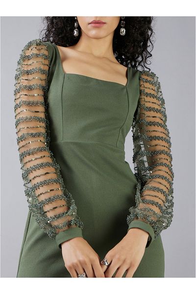 Mish By Styli Square Neck Beaded Sleeves Sheath Knee Length Dress