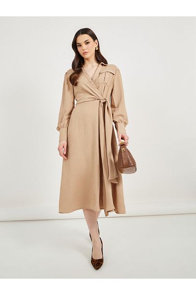 Styli Textured Wrap Front Shirt Midi Dress with Self Tie Belt