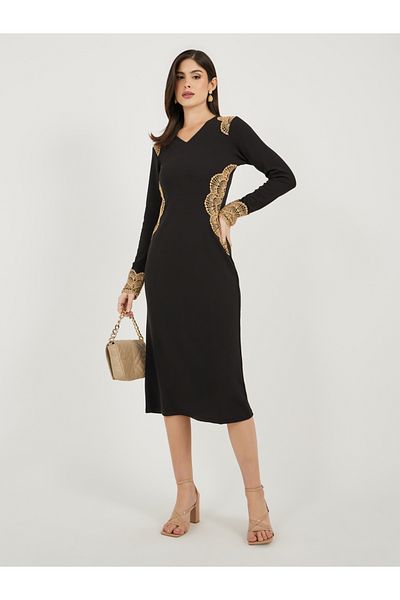 Styli Lace Detail Trim Long Sleeves Bodycon Midi Dress