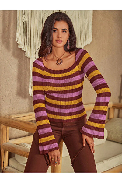 Russty Dustty By Styli Striped Bell Sleeve Knit Top