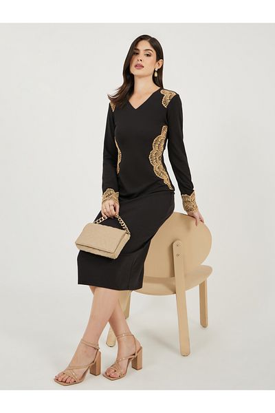 Styli Lace Detail Trim Long Sleeves Bodycon Midi Dress