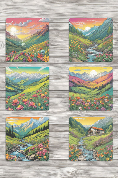 qoeuyl boutique Natural Life Scenery No:2 Printed Set of 6 Decorative Wooden ...
