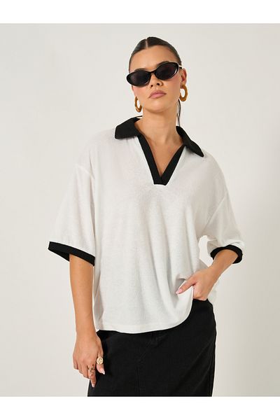 Styli Contrast Trim Solid Short Sleeve Boxy Fit Polo T-shirt