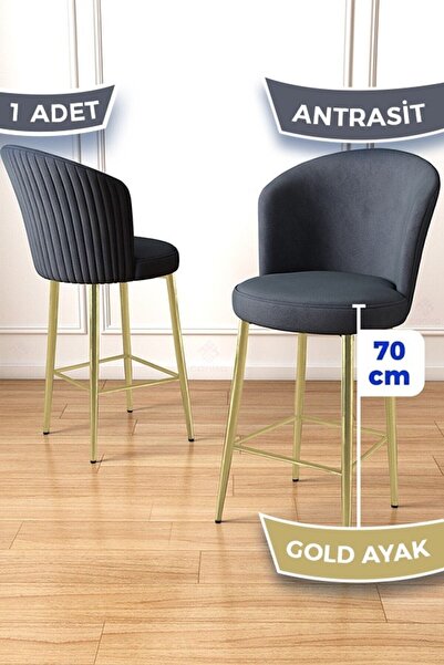 Canisa Fora Serisi Ada Mutfak Bar Sandalyesi Gold Kaplama Metal Ayaklı Babyface Kumaşlı 1 Antrasit Sandalye