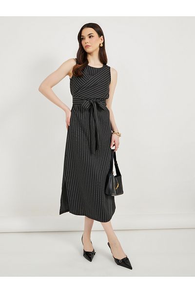 Styli Pinstripe Wrap Front Blazer Midi Dress