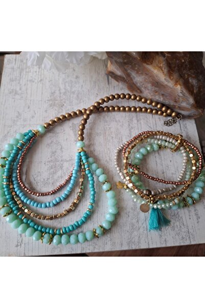 azra takı tasarım Handmade Crystal Short Turquoise, Blue Women's Necklace and Bracelet Set