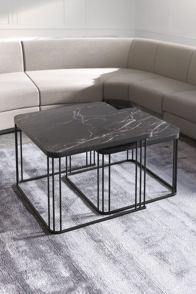 İZMİR ALİNDA MOBİLYA İKİLİ ORTA SEHPA KARE MODEL SİYAH MERMER DESENLİ