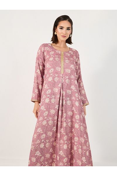 Styli All-Over Print Jalabiya with Gold Lace Trims