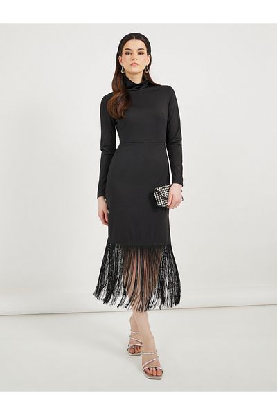 Styli Solid High Neck Bodycon Midi Dress with Fringes Detail