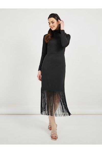 Styli Solid High Neck Bodycon Midi Dress with Fringes Detail
