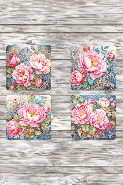 qoeuyl boutique Peony Flowers Printed Set of 4 Decorative Wooden Square Coasters