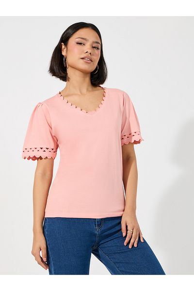 Styli Scallop Lace Insert V Neck Top