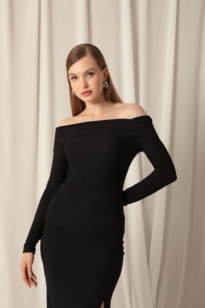 Lukas Ottoman Fabric Madonna Collar Women's Black Blouse