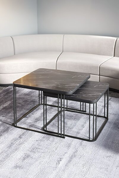 İZMİR ALİNDA MOBİLYA İKİLİ ORTA SEHPA KARE MODEL SİYAH MERMER DESENLİ