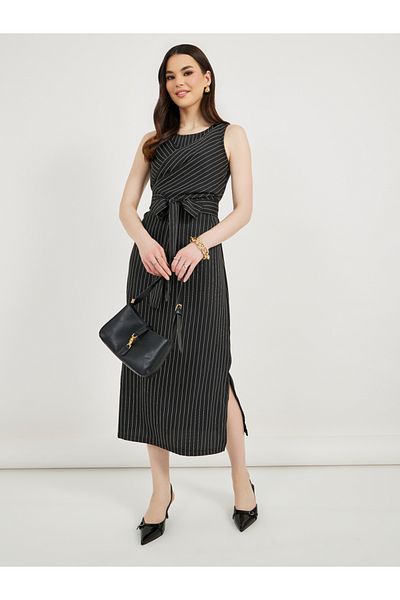 Styli Pinstripe Wrap Front Blazer Midi Dress