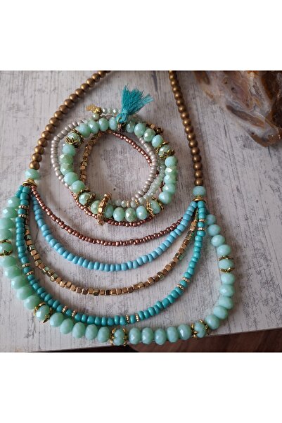 azra takı tasarım Handmade Crystal Short Turquoise, Blue Women's Necklace and Bracelet Set