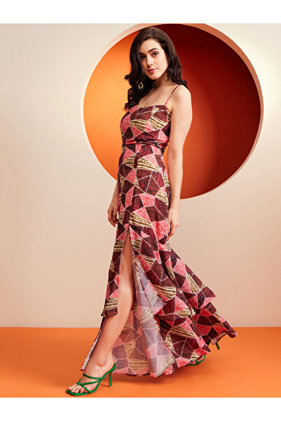 Kassually By Styli Geometric Print Slit Layered Maxi Dress