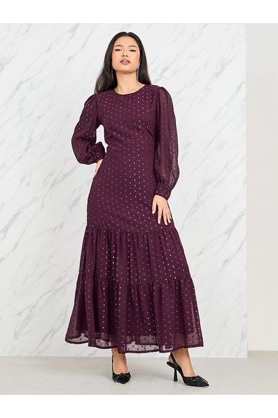 Styli Swiss Dobby Mesh Sleeves Tiered Maxi Dress