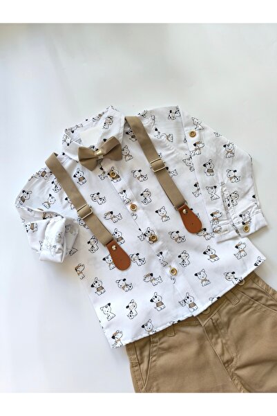 Butik Pamuklu kumaştan, 4lü özel gün erkek çocuk takım (papyon,salopet askı)