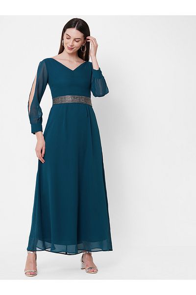 Mish By Styli Embellished Waistband Maxi Dress with Slit Sleeve