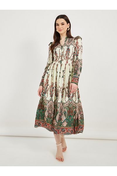 Styli Paisley Print Long Sleeve A-Line Midi Dress