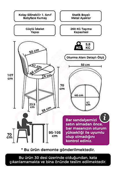 Canisa Fora Serisi 1 Adet Siyah Sandalye Ada Mutfak Bar Sandalyesi Babyface Kumaş Siyah Metal Ayak