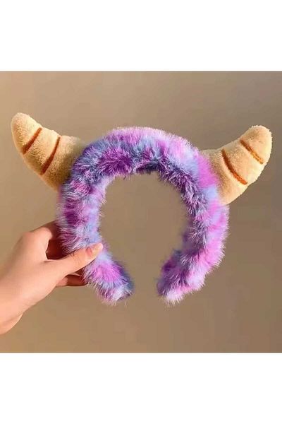 REBORN DESIGN Cute Beast Furry Plush Purple Color Crown with Horn Figure