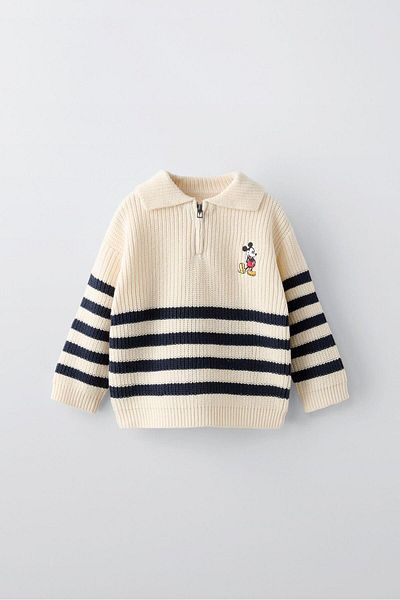 minibambi Tricotaj cu broderie în dungi pentru băiat, cremă