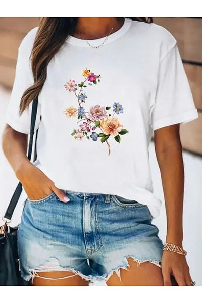 Frisson Women's Spring Fashion Summer Print Floral Beautiful Flower Graphic T-Shirt