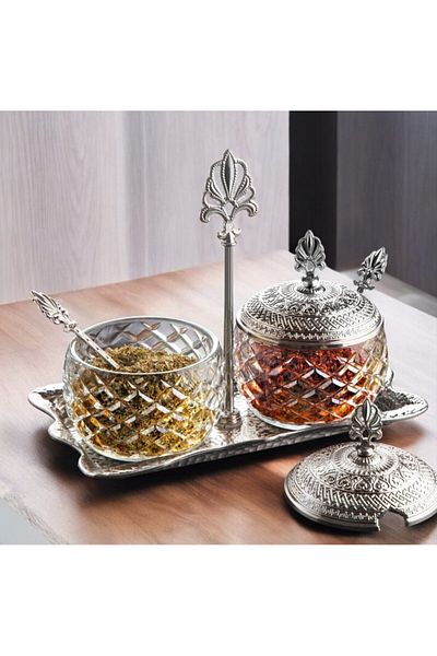 KT HOME Silver Spice Rack Set - 2-Piece Metal Lid, Glass Metal Stand, Spoon Hanger