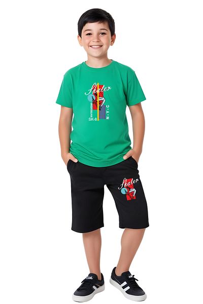 YA KO KİDS Skater Printed Boy's Double Pocket Capri Bottom-Top Suit