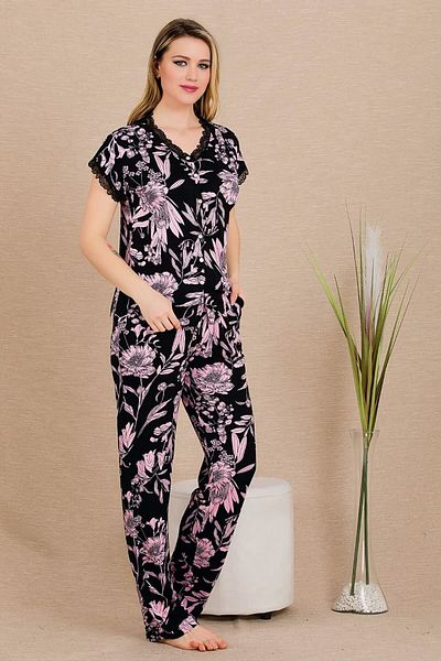 quilling Set de pijamale cu mânecă scurtă pentru femei, din bumbac 12495, cu model de flori de culoare neagră și pudră