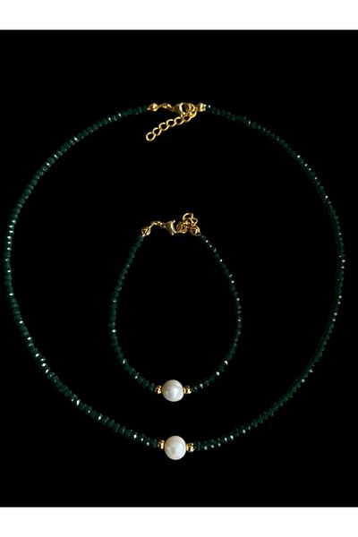 AURA GARDEN Crystal Steel Real Pearl Set Necklace
