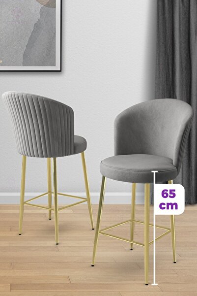 Canisa Alte Serisi 1 Adet Babyface Kumaş 65 cm Gold Kaplama Ayaklı Gri Bar Sandalyesi