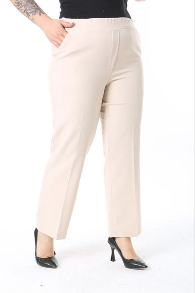 Şans Women's Plus Size Ecru Waist Full Rubber Pocket Fabric Pants 65N38733