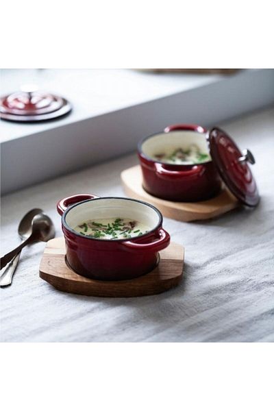 Lacor Round red cast iron pot with lid and wooden stand, Magma Red, 200 ml