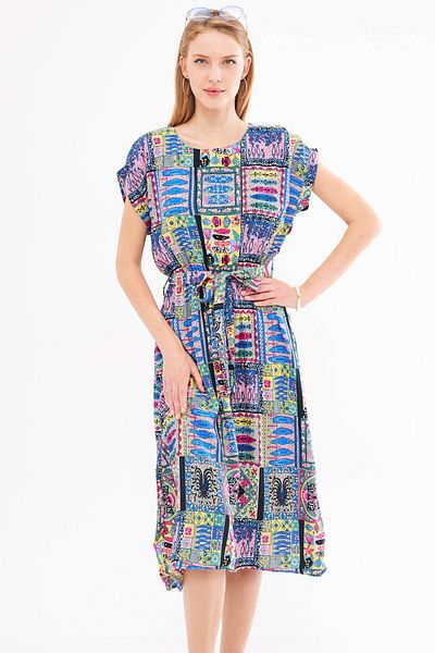 armonika Pink Patterned Women's Dress - Elastic Waist, Tie-Up ARM-22Y001044