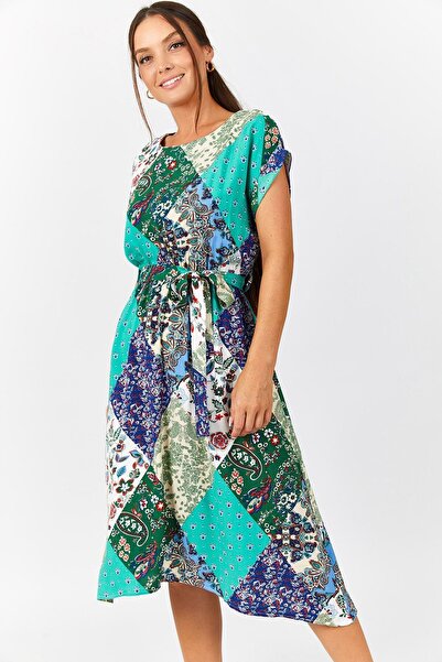 armonika Kadın Mint Etnik Desen Beli Lastikli Bağlamali Elbise Arm-21K001249
