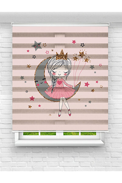 Mas Kız Çocuk Odası Ayda Oturan Kız Desenli Baskılı Zebra Perde