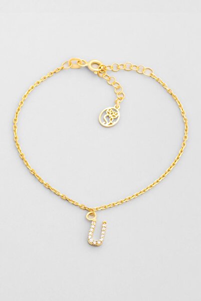 So CHIC... Ü Harfi 18 Ayar Sarı Altın Kaplama 18 Cm Gümüş Bileklik