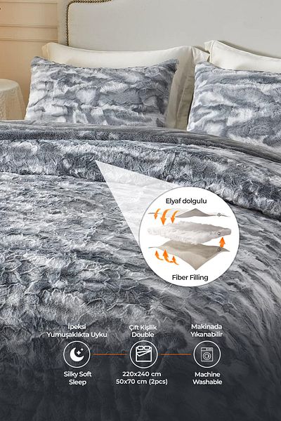 Evlen Home Collection 3 Piece Personality Fur Quilt Sleeping Set - Soft Plush, Mia Anthracite