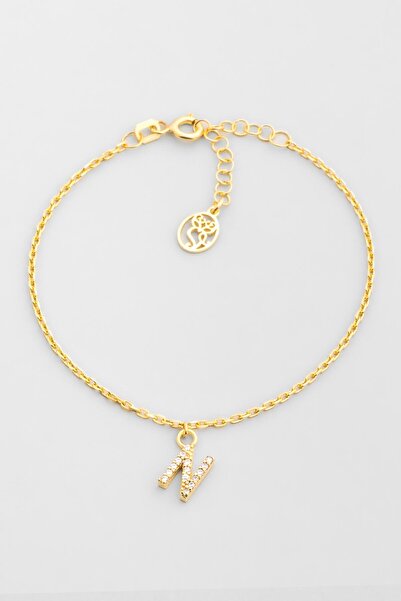 So CHIC... N Harfi 18 Ayar Sarı Altın Kaplama 18 Cm Gümüş Bileklik